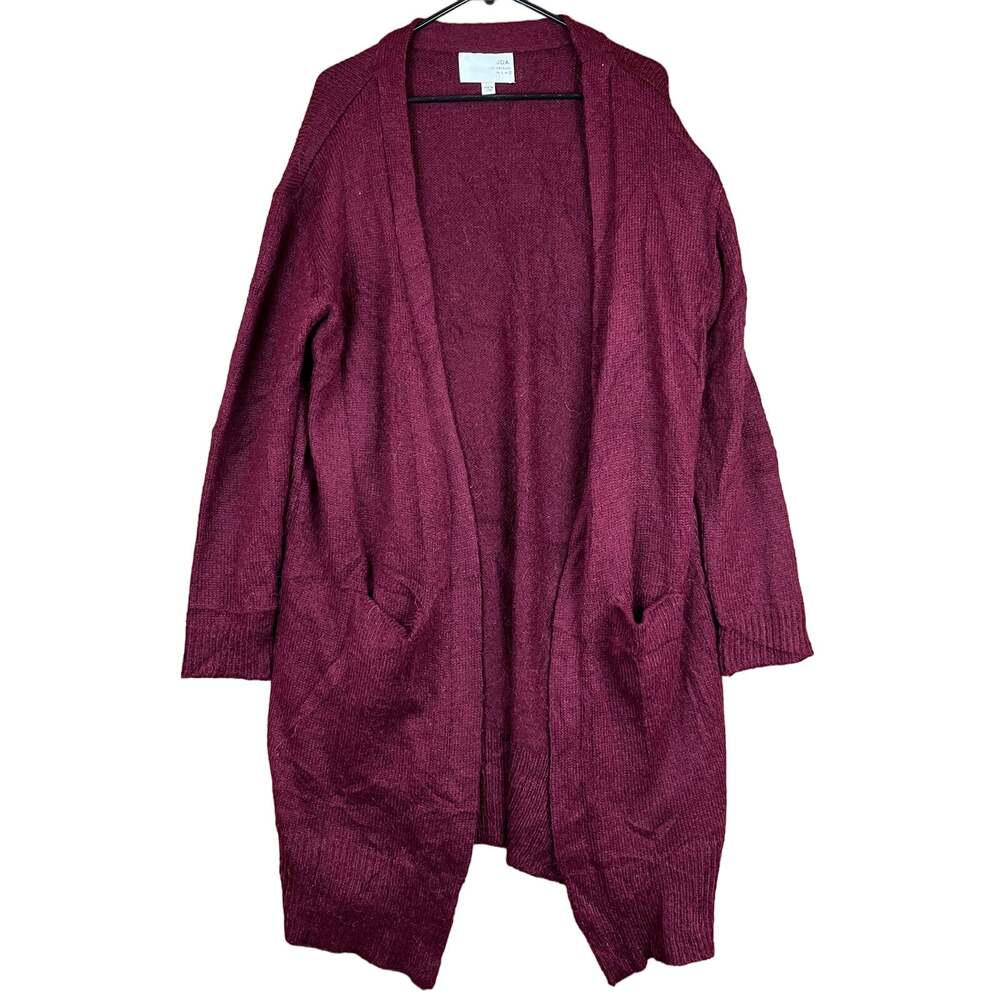 J.O.A. Womens Sweater Maroon Cardigan Long Open Front Alpaca Blend Pockets Large